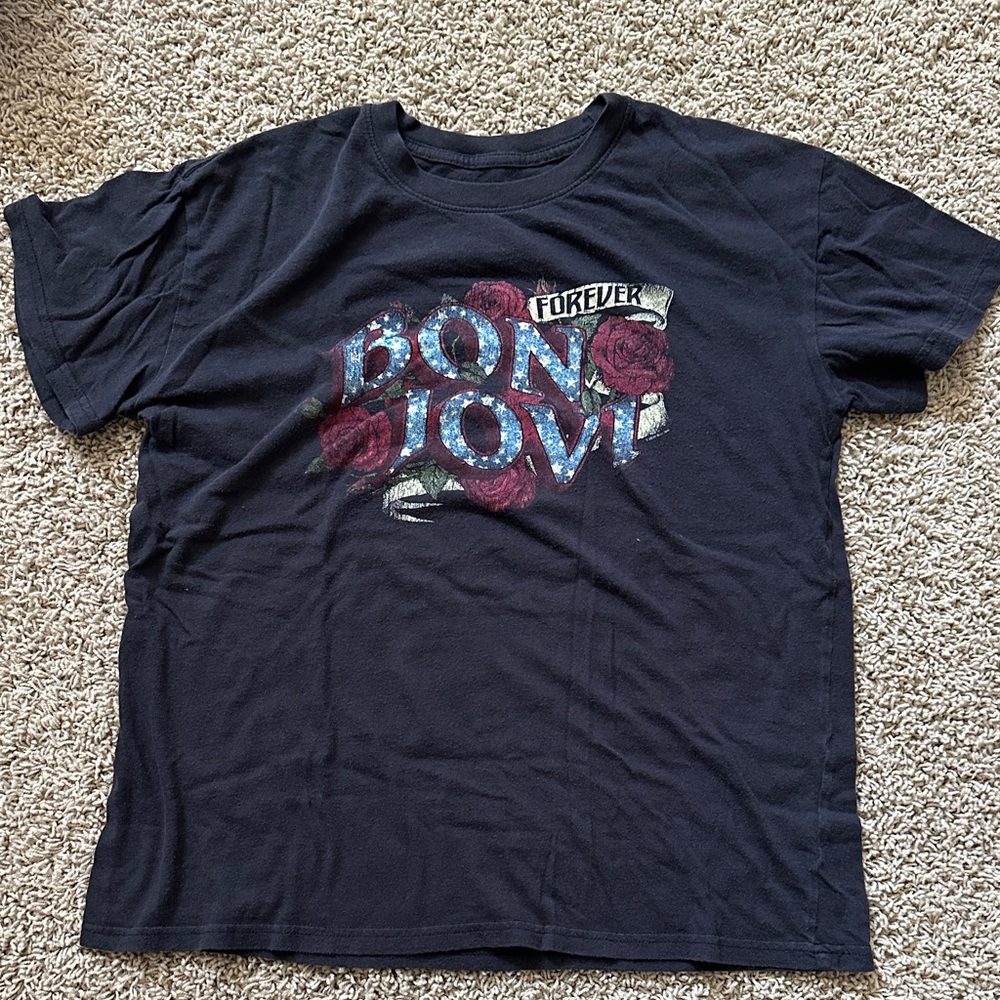 Black Bon Jovi Graphic Tee - 'Forever' Rose Design